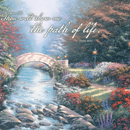 A small stone bridge arches over a stream that winds through a flower-filled forest. Has gas lamps lining a path next to the stream and over the bridge.