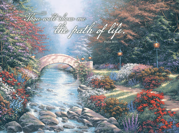 A small stone bridge arches over a stream that winds through a flower-filled forest. Has gas lamps lining a path next to the stream and over the bridge.
